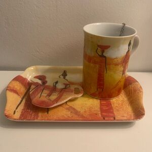 Artistic Mug and Tray Set - Vibrant Orange and Yellow